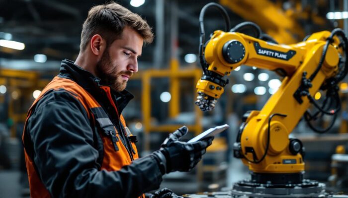 A photograph of a skilled technician interacting with a safety plane industrial robot in a well-lit manufacturing environment