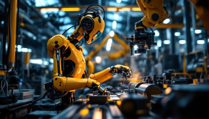A photograph of a modern industrial robot in action within a manufacturing setting