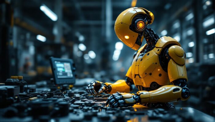 A photograph of a humanoid robot engaging in an industrial task