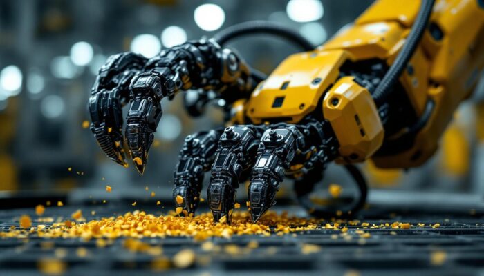 A photograph of a close-up shot of an industrial robot's claw in action