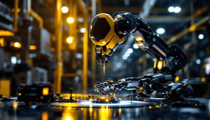 A photograph of a sleek industrial robot in action