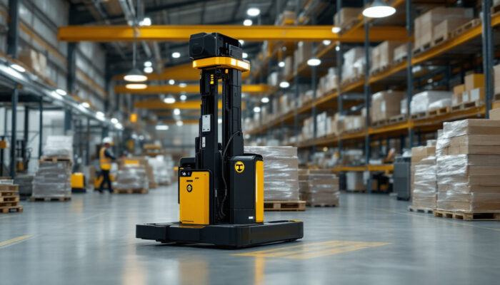 A photograph of a robotic pallet jack in action within a bustling warehouse environment
