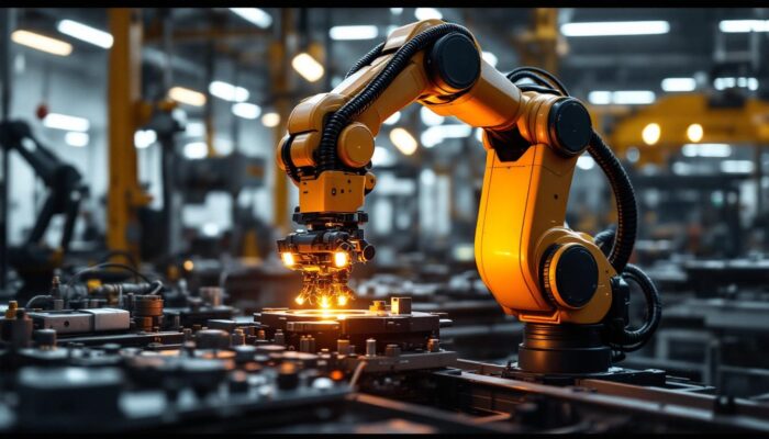 A photograph of a sleek industrial robotic arm in action within a manufacturing setting