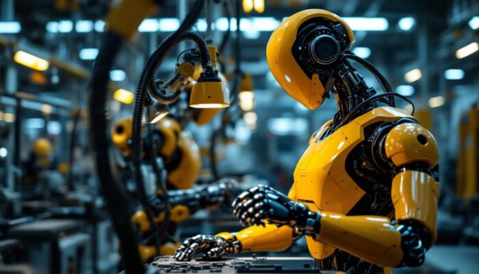 A photograph of a sleek industrial robot in action within a manufacturing environment