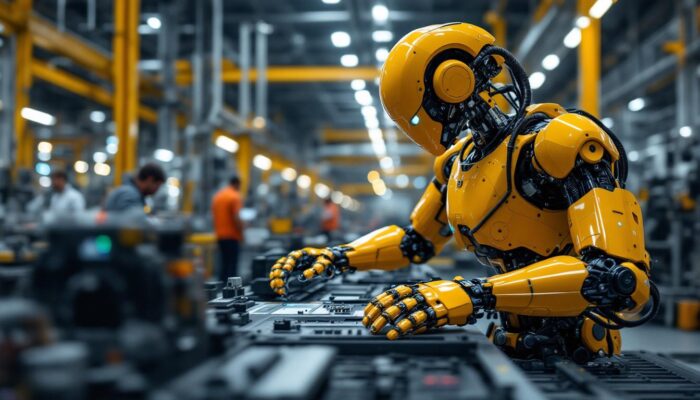 A photograph of a sleek industrial robot in action on a factory floor