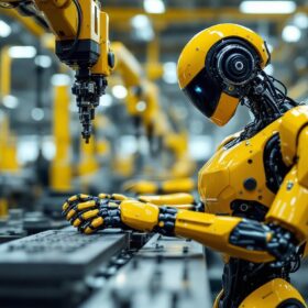A photograph of a sleek industrial robot in action within a factory setting