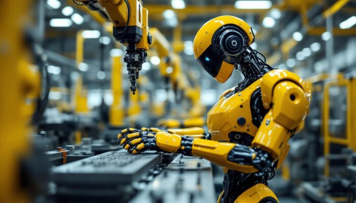 A photograph of a sleek industrial robot in action within a factory setting