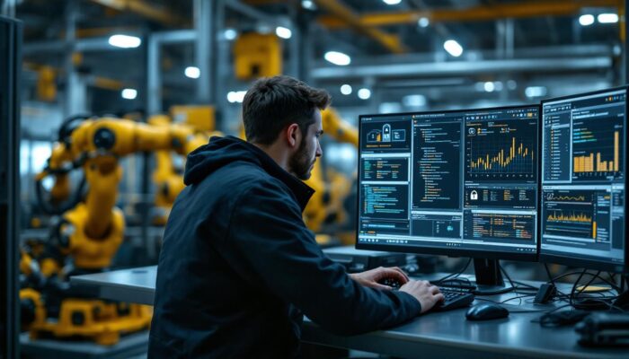 A photograph of a technician configuring a computer or server in an industrial setting