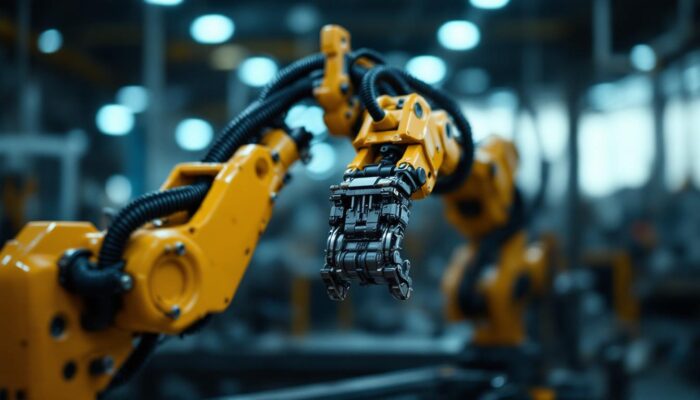 A photograph of a close-up shot of an industrial robotic arm equipped with a gripper in action