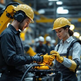A photograph of a collaborative robot working alongside a human operator on a manufacturing floor