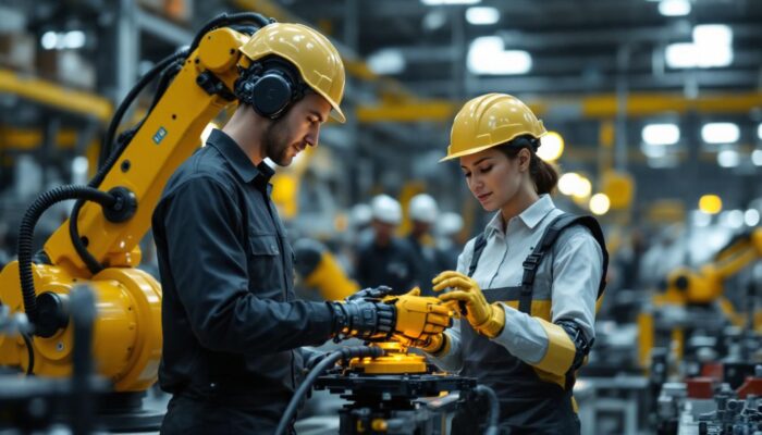 A photograph of a collaborative robot working alongside a human operator on a manufacturing floor