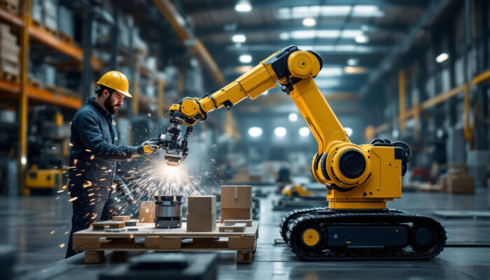 A photograph of a mobile manipulator in action within an industrial setting