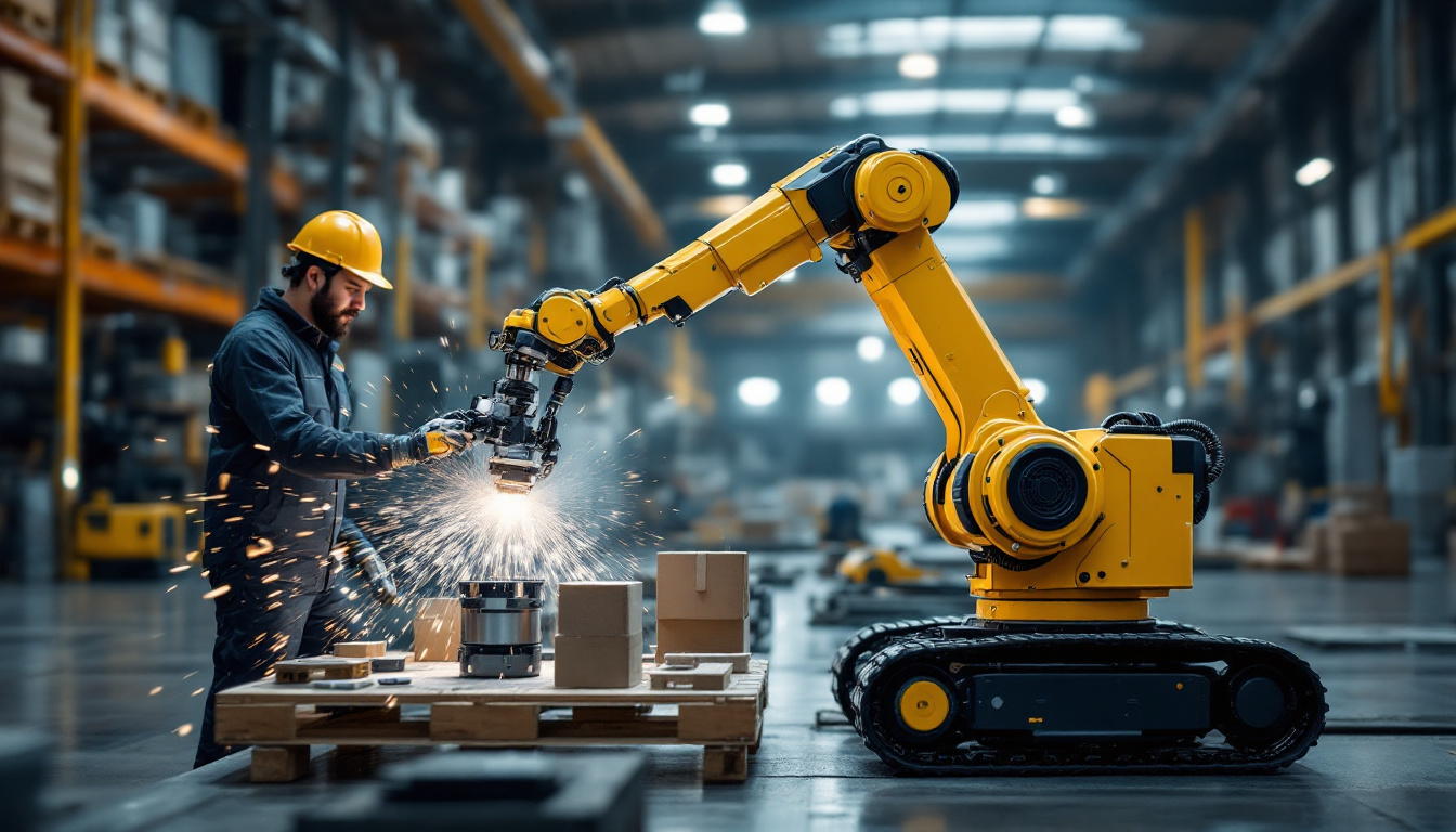 A photograph of a mobile manipulator in action within an industrial setting