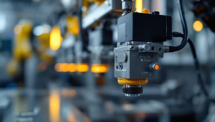 A photograph of a close-up shot of a 3-wire solenoid valve in an industrial setting