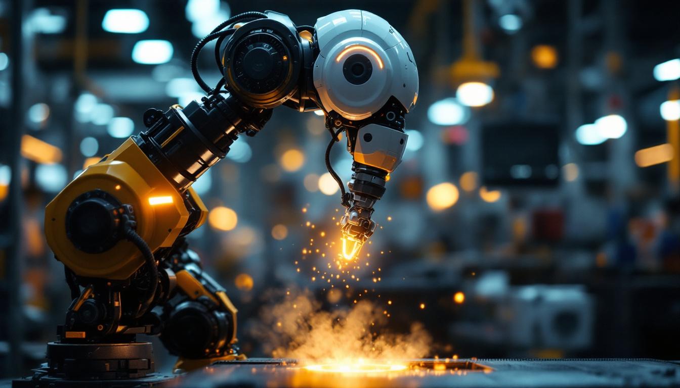 A photograph of a modern industrial robot in action