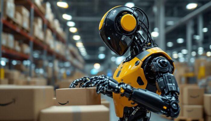 A photograph of a sleek industrial robot in action within a modern warehouse setting