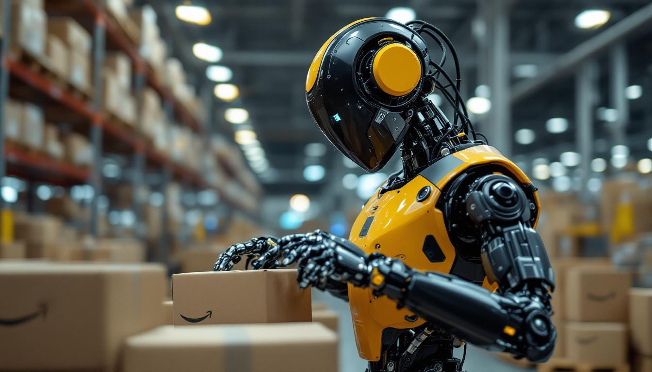 A photograph of a sleek industrial robot in action within a modern warehouse setting