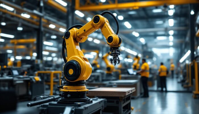 A photograph of a sleek industrial robotic arm in action within a modern manufacturing environment