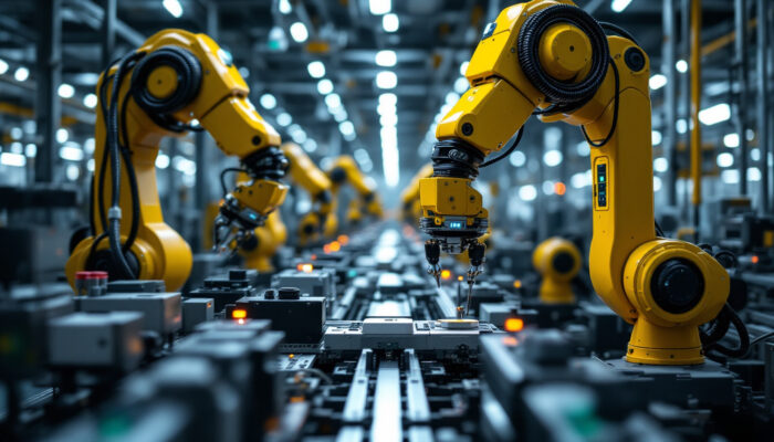 A photograph of a modern industrial assembly line featuring robotic arms in action