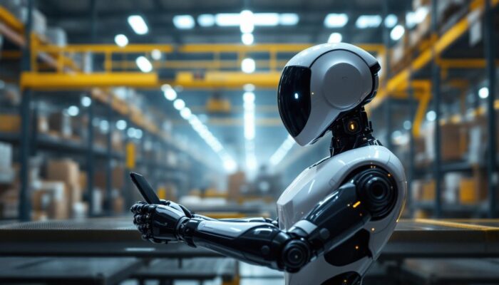 A photograph of a sleek agv k2 industrial robot navigating through a dynamic warehouse environment