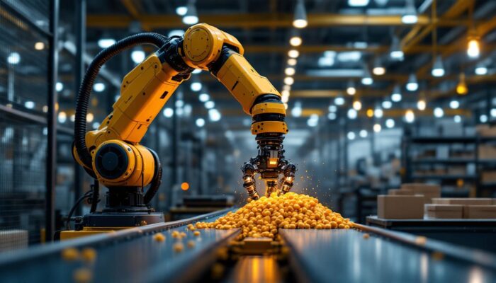 A photograph of a sleek industrial robotic arm in action within a modern warehouse setting