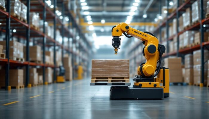 A photograph of capture a photograph of an industrial robotic auto pallet stacker in action