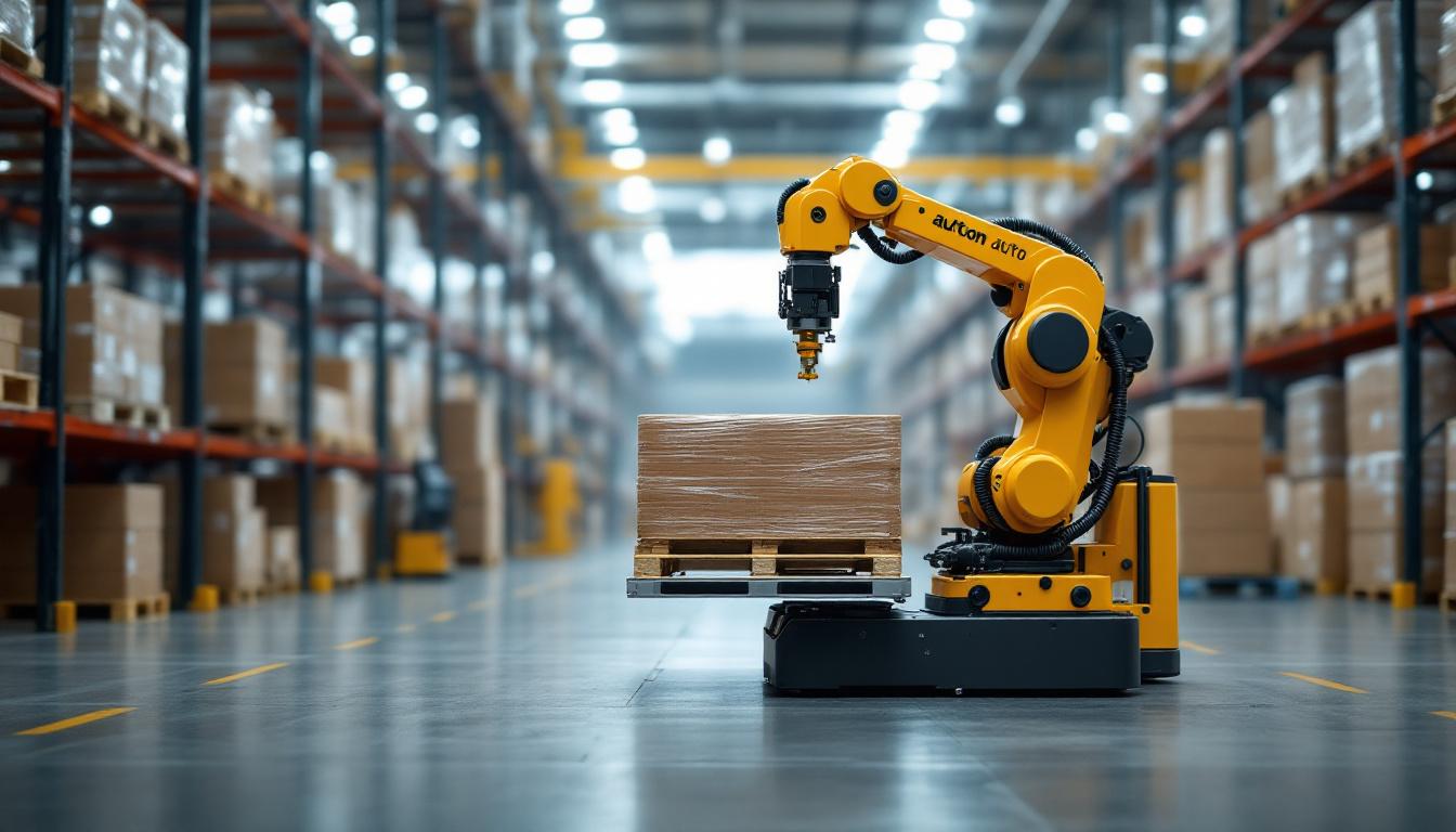 A photograph of capture a photograph of an industrial robotic auto pallet stacker in action