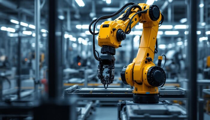 A photograph of capture a photograph of a visionnav robotics industrial robot in action within a factory setting
