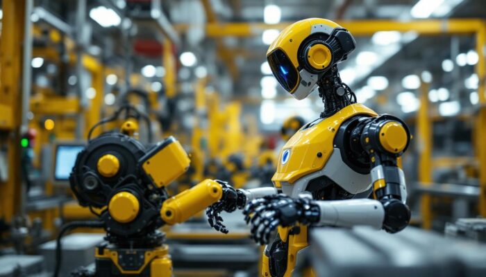 A photograph of capture a photograph of the gideon bot in action within an industrial setting
