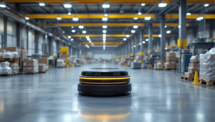 A photograph of a sleek industrial robot vacuum in action within a spacious warehouse environment