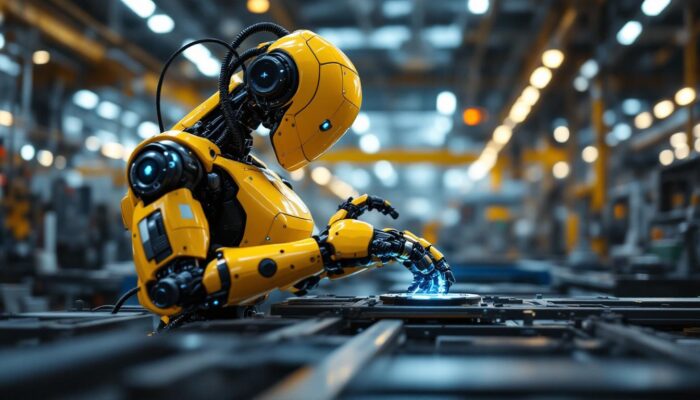 A photograph of a modern industrial robot in action on a factory floor