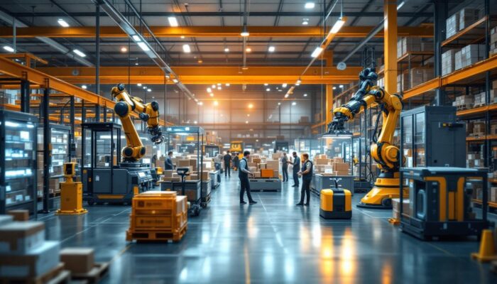 A photograph of a busy amazon warehouse showcasing various industrial robots in action