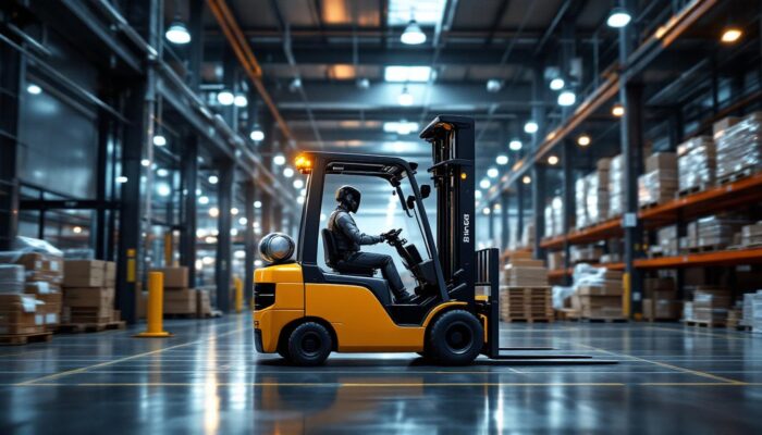 A photograph of a modern forklift truck in action within an industrial setting