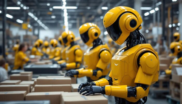 A photograph of capture a photograph of amazon's robotic workers in action within a bustling warehouse environment