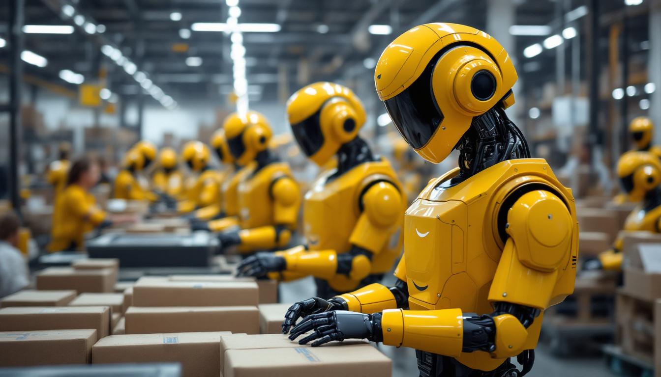 A photograph of capture a photograph of amazon's robotic workers in action within a bustling warehouse environment