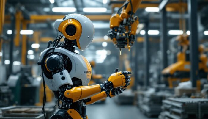 A photograph of capture a photograph of an amazon bipedal robot in an industrial setting