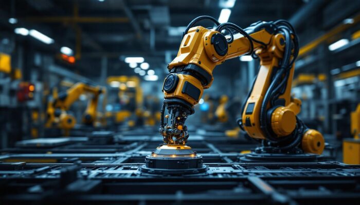 A photograph of a sleek industrial robotic arm in action