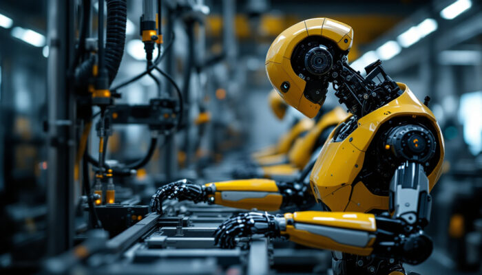 A photograph of a sleek industrial robot in action within a modern manufacturing environment