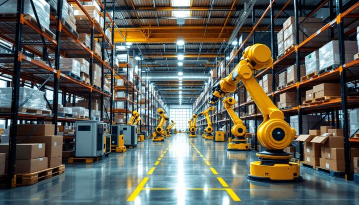 A photograph of a modern warehouse interior showcasing a variety of automated storage systems in action