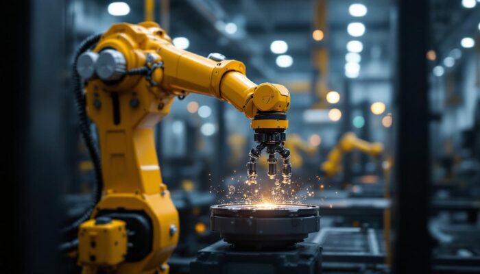 A photograph of a sleek industrial robotic arm in action