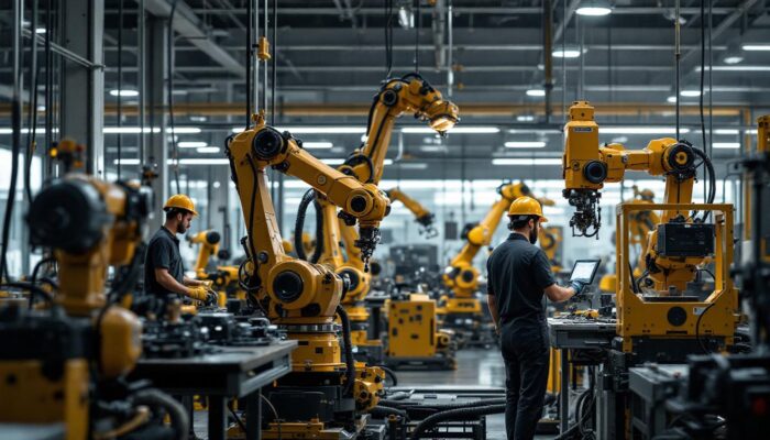 A photograph of a modern industrial setting featuring a variety of industrial robots in action
