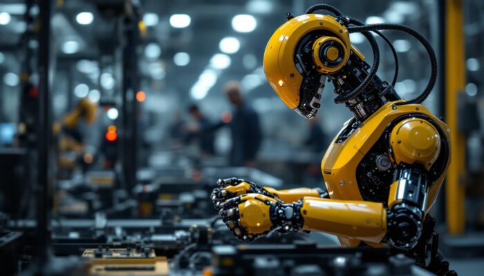 A photograph of a modern industrial robot in action within a manufacturing environment