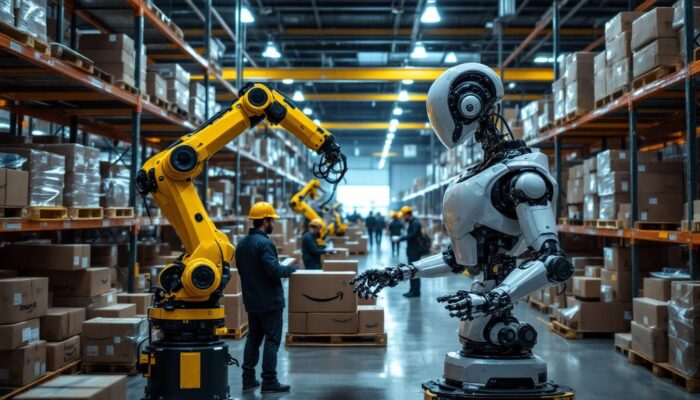 A photograph of a bustling amazon warehouse scene showcasing industrial robots in action