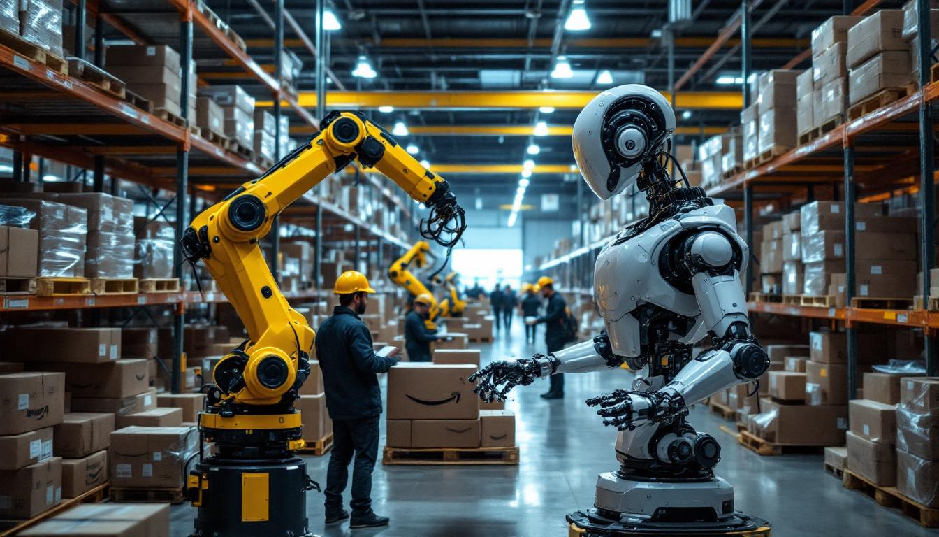 A photograph of a bustling amazon warehouse scene showcasing industrial robots in action