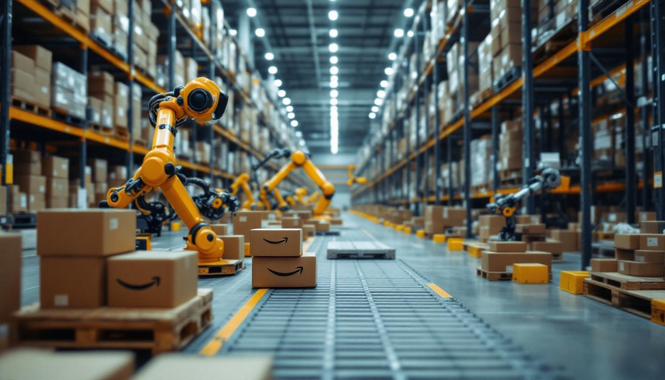 A photograph of capture a photograph of a bustling amazon automated warehouse