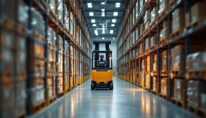 A photograph of a narrow aisle in a warehouse featuring a modern forklift in action