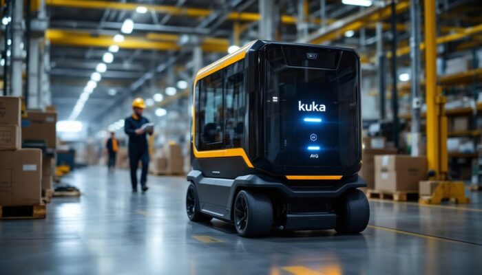 A photograph of a kuka agv (automated guided vehicle) in action within an industrial setting