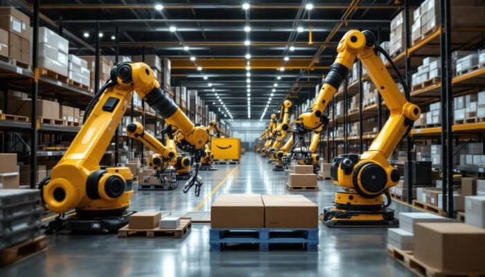A photograph of a bustling amazon warehouse interior