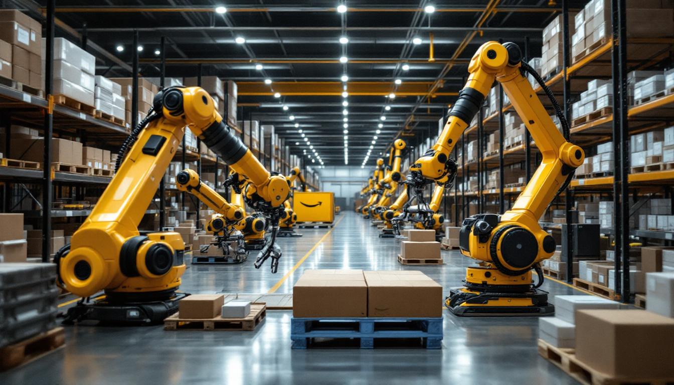 A photograph of a bustling amazon warehouse interior