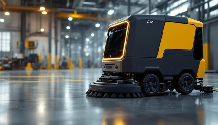 A photograph of a commercial robotic floor scrubber in action within an industrial setting